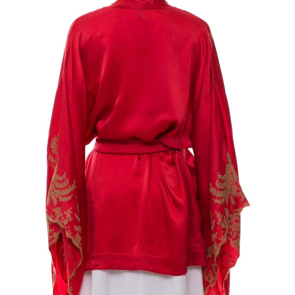 🦋 Carine Gilson Cherry Red 100% Silk & Lace Kimono Robe